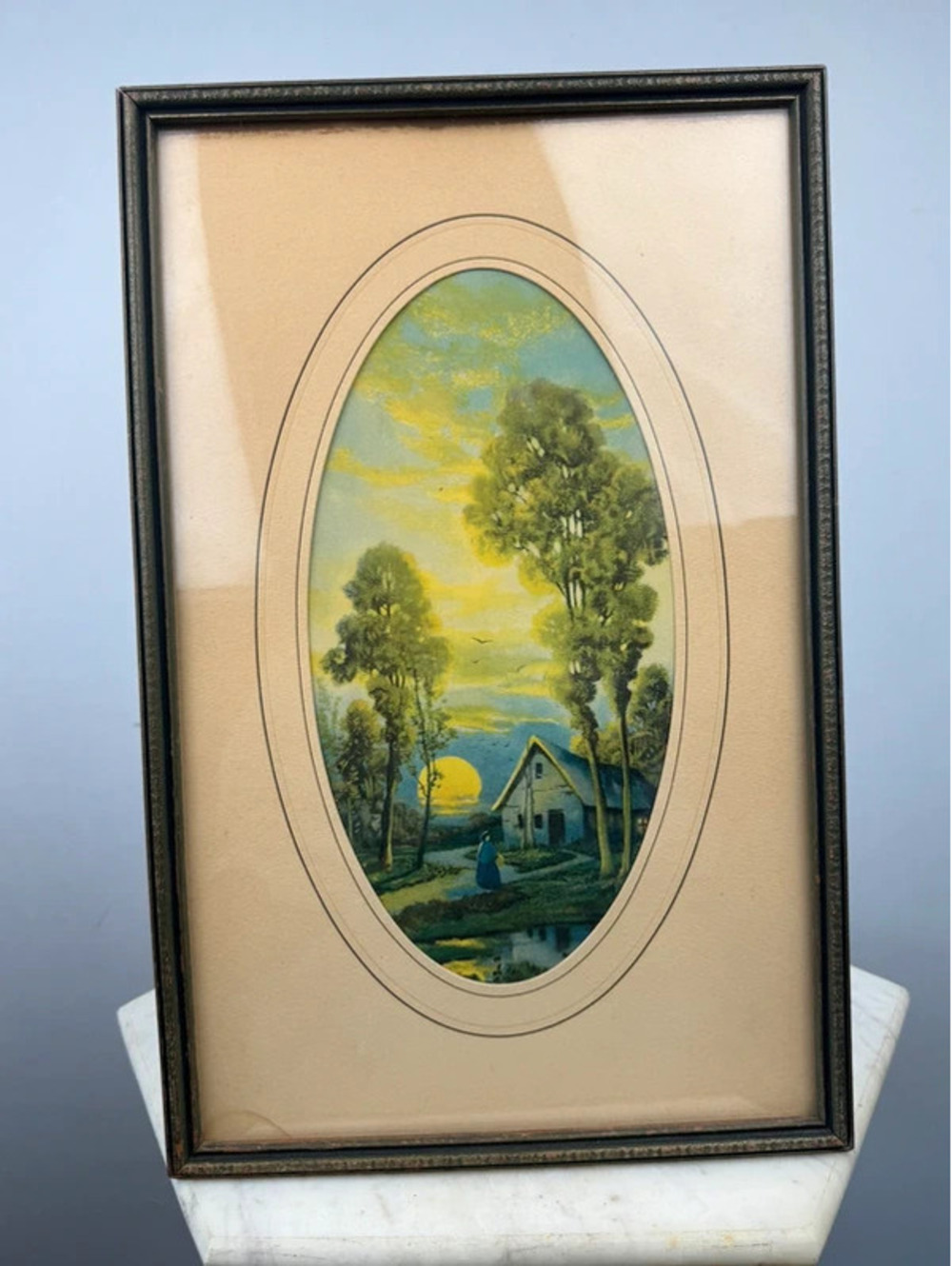 Vintage Framed Oval Landscape Print Cottage Sunset Trees Rustic Wall Art